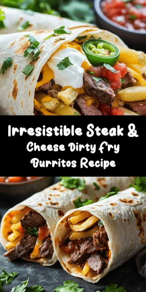 Indulge in the ultimate comfort food with these Steak & Cheese Dirty Fry Burritos! Packed with juicy flank steak, gooey cheese, and crispy French fries all wrapped in a warm tortilla, this dish is sure to impress at your next gathering. With a delicious blend of seasonings and fresh ingredients, it creates layers of flavor that make each bite a savory delight. Perfect for game day or family dinners! #SteakAndCheese #BurritoRecipe #ComfortFood #Foodie #Yum #TastyEats #GameDayEats #CookingInspiration