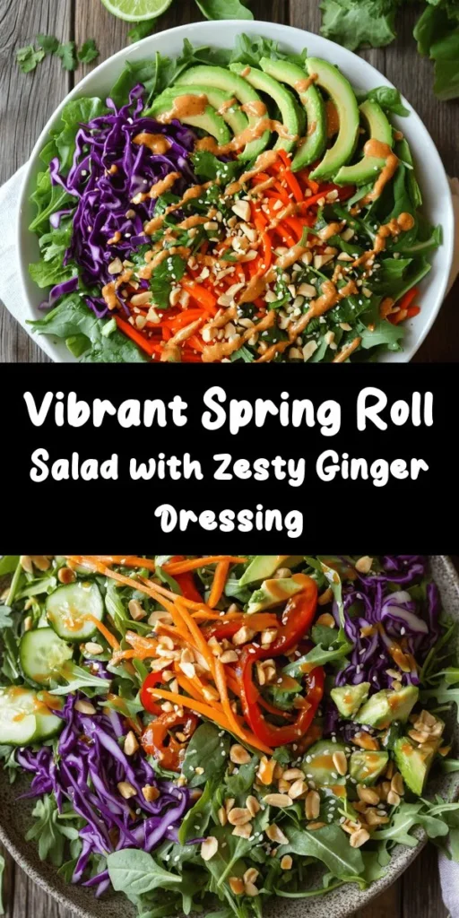 Delight your taste buds with this vibrant Spring Roll Salad featuring a zesty Spicy Ginger Dressing! Packed with crisp mixed greens, colorful vegetables, and fresh herbs, this salad is as nutritious as it is visually stunning. Perfect for any occasion, whether as a light lunch or a side dish, it shines with flavor and crunch. Add your choice of protein for a filling meal. Enjoy a fresh taste of spring! #SpringRollSalad #HealthyEating #FreshSalad #SpicyGingerDressing #SpringRecipes
