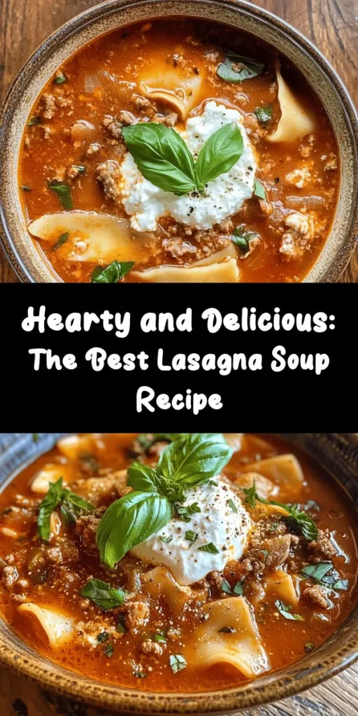 Warm up your days with the BEST Lasagna Soup! This cozy recipe combines the classic flavors of lasagna into a comforting soup that's perfect for chilly evenings. Easy to prepare and customizable, it's a delightful twist that brings family together. With essential ingredients like ground meat, crushed tomatoes, and gooey cheese, each bowl is a hug in food form. Get ready to indulge in a hearty meal that’s sure to impress! #LasagnaSoup #ComfortFood #ItalianCooking #EasyRecipes #SoupSeason