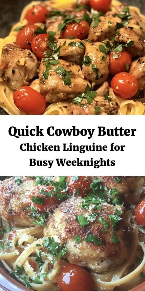 Looking for a quick weeknight dinner that packs a punch of flavor? Try this easy Cowboy Butter Chicken Linguine! With tender chicken, creamy buttery sauce, and perfectly cooked linguine, this dish is a delightful blend of rustic charm and modern comfort. Perfect for busy nights, it’s hearty, and satisfying, bringing a taste of cowboy culture right to your table. Don't forget the fresh tomatoes and parsley for that vibrant touch! #CowboyButterChicken #EasyDinner #PastaRecipes #WeeknightMeals #ComfortFood