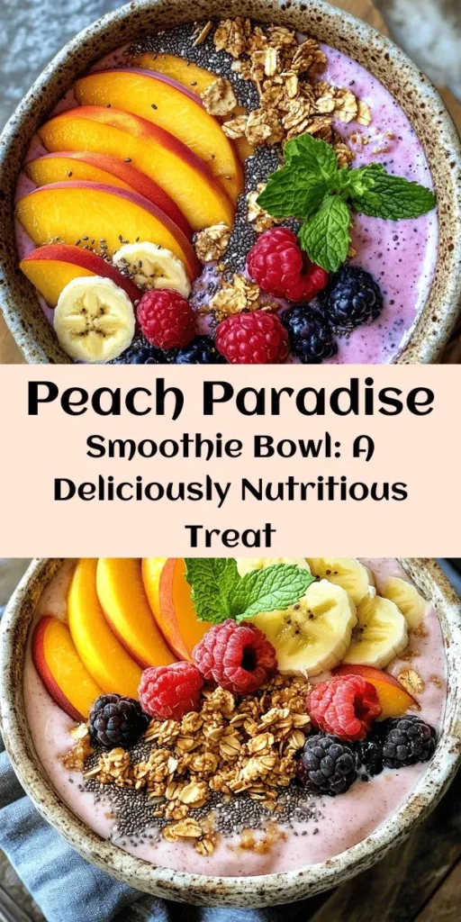 Discover the Peach Paradise Smoothie Bowl, a deliciously refreshing way to fuel your day! Packed with ripe peaches, creamy Greek yogurt, and vibrant toppings, this bowl is not just about taste but also nutrition. It's perfect for breakfast or a midday snack, allowing for endless customization. Dive into the world of healthy eating and make your own vibrant creation today! #SmoothieBowl #HealthyEating #PeachParadise #BreakfastIdeas #NutritiousSnack #FoodArt