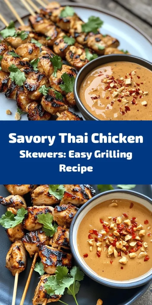 Try these Easy Grilled Thai Chicken Skewers for a perfect blend of sweet, salty, and spicy flavors! Marinated in a savory sauce and served with rich peanut sauce, these skewers are ideal for summer cookouts or cozy family dinners. Whether you're a seasoned chef or a beginner, this simple recipe will impress everyone at your table. Gather your friends and family for a fun grilling experience! #ThaiFood #Grilling #ChickenSkewers #EasyRecipes #Foodie