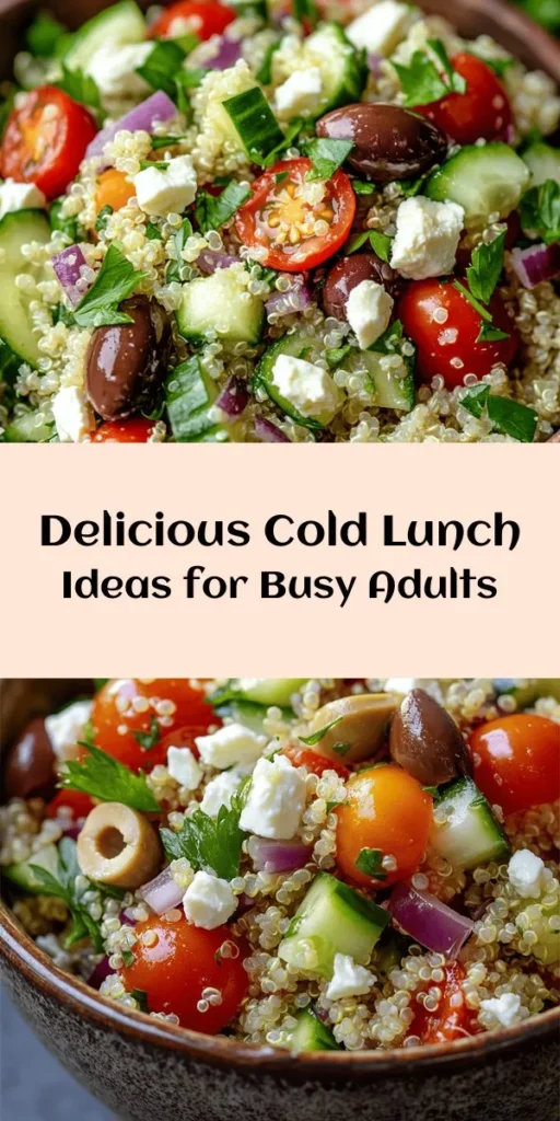 Looking for fresh and easy cold lunch ideas? Check out these 28 delicious recipes that are perfect for busy adults! From vibrant Mediterranean Quinoa Salad to hearty Curried Chicken Salad, there's something for everyone. These meals are not only quick to prepare but are also packed with nutrients to keep you energized all day long. Perfect for work, school, or picnics! Get inspired to elevate your lunch routine today! #LunchIdeas #HealthyEating #MealPrep #QuinoaSalad #QuickRecipes #ColdLunch #DeliciousRecipes