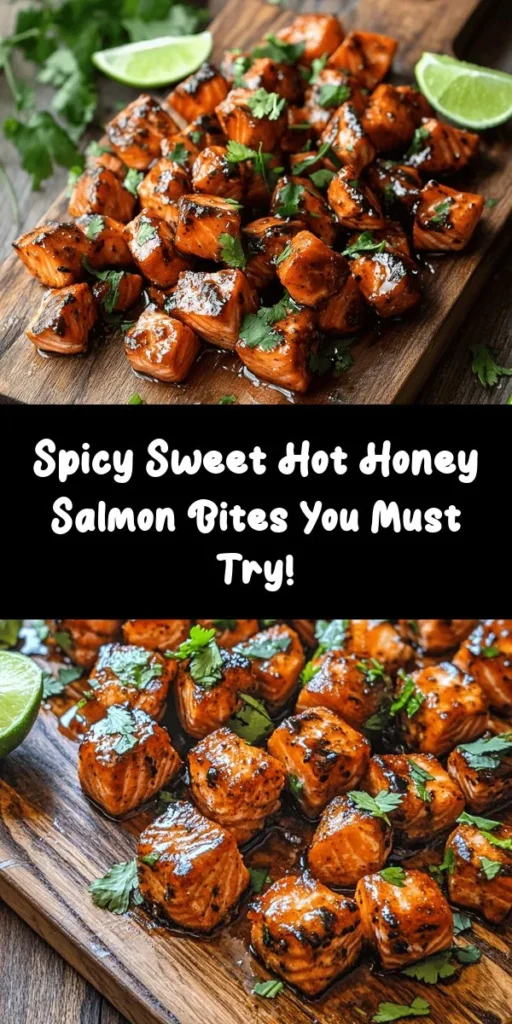 Looking for a delicious twist on salmon? Try these Spicy Sweet Hot Honey Salmon Bites! Perfect for busy weeknights or dinner parties, this recipe combines fresh salmon with a delightful blend of spicy and sweet flavors. Marinated with hot honey, soy sauce, garlic, and lime juice, these bites are easy to prepare and sure to impress. Serve them with rice or a fresh salad for a complete meal. #SalmonBites #HotHoney #QuickRecipes #HealthyEating #SeafoodLover #CookingAtHome