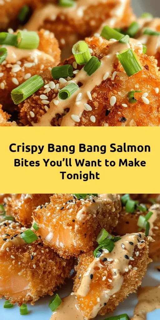 Discover the deliciousness of Crispy Bang Bang Salmon Bites! This simple recipe combines tender salmon pieces coated in crispy panko and served with a mouthwatering spicy-sweet Bang Bang sauce. Perfect for appetizers or main dishes, these bites are sure to impress at dinner parties or game days. With their crunchy texture and flavorful sauce, they're a must-try! #CrispySalmon #BangBangSauce #SeafoodLovers #HealthyRecipes #Appetizers