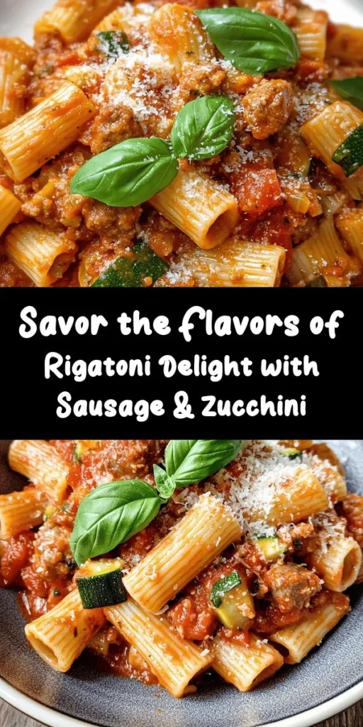Discover the vibrant flavors of Rigatoni Delight, combining hearty pasta, savory Italian sausage, fresh zucchini, and juicy tomatoes. This comforting dish is a celebration of Italian cuisine, offering both delicious taste and health benefits. Packed with vitamins and antioxidants, it's perfect for a weeknight dinner or family gathering. Get ready to impress with this easy and nutritious recipe! #RigatoniDelight #ItalianCuisine #HealthyEating #PastaLovers #WeeknightDinner #Foodie