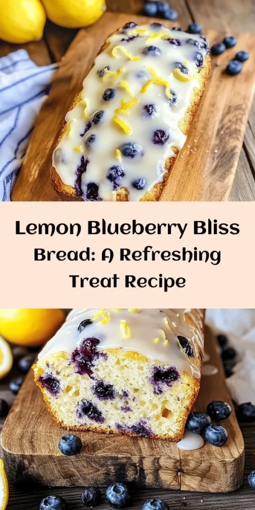 Indulge in the delightful flavors of Zesty Lemon Blueberry Bliss Bread! This easy-to-make recipe combines fresh blueberries and zesty lemon for a moist, flavorful loaf perfect for any occasion. Whether you're enjoying it at breakfast, as an afternoon snack, or for dessert, each bite is a burst of joy. Pair it with coffee or ice cream for a special treat! Try this recipe today and brighten your day! #LemonBlueberryBread #Baking #HomemadeGoodness #Dessert #BrunchRecipes #Foodie #Yummy