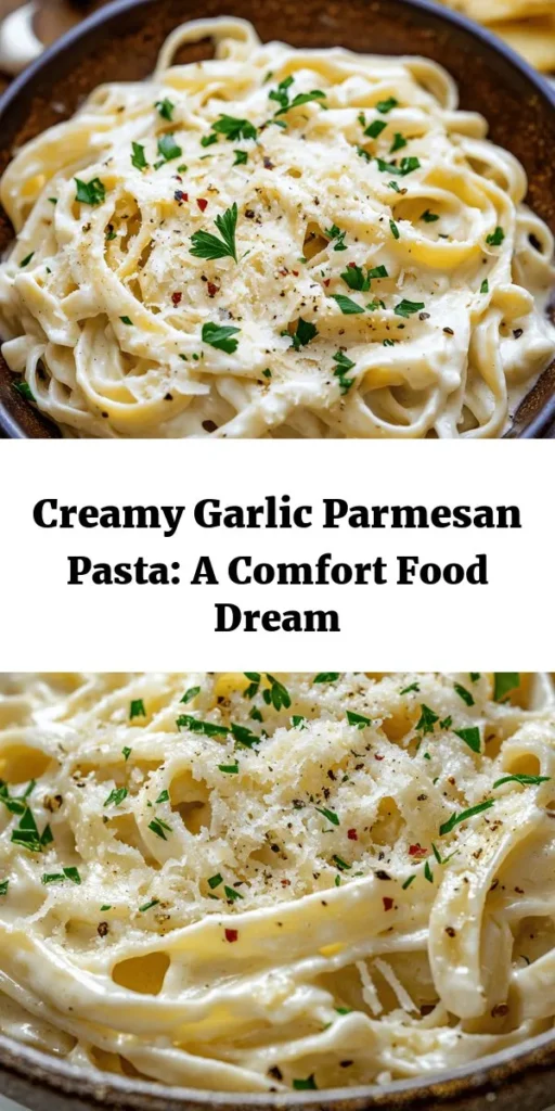 Indulge in the comforting flavors of Creamy Garlic Parmesan Pasta! This rich and creamy dish blends savory garlic with nutty Parmesan for a delicious meal that's perfect for any occasion. Customize it with grilled chicken, veggies, or spices for a personal touch. Ready in no time, it's an easy and satisfying favorite that will transport you to Italy with every bite. Gather your ingredients and give it a try! #CreamyPasta #GarlicParmesan #EasyRecipes #ItalianCuisine #PastaLovers #ComfortFood
