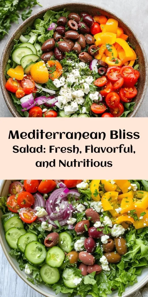Discover the Mediterranean Bliss Salad, a vibrant and nutritious dish made with fresh vegetables, tangy feta cheese, and a zesty dressing. More than just a side, it’s a complete meal packed with flavors and health benefits from the Mediterranean diet. Learn about its origins, health advantages, and step-by-step recipe to elevate your dining experience. Perfect for any time of the day! #MediterraneanSalad #HealthyEating #FreshIngredients #SaladRecipes #Nutrition #MediterraneanDiet