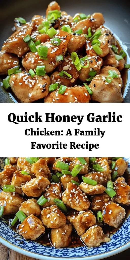 Savor the irresistible flavors of Quick & Delicious Honey Garlic Chicken! This easy recipe combines sweetness from honey and savory notes from garlic for a family-friendly dish that's perfect for busy weeknights. With just a few ingredients and simple steps, you can create a satisfying meal that's bursting with flavor. Try it over rice, in tacos, or on a salad for a delightful twist! #HoneyGarlicChicken #EasyRecipes #FamilyDinner #MealPrep #YummyFood