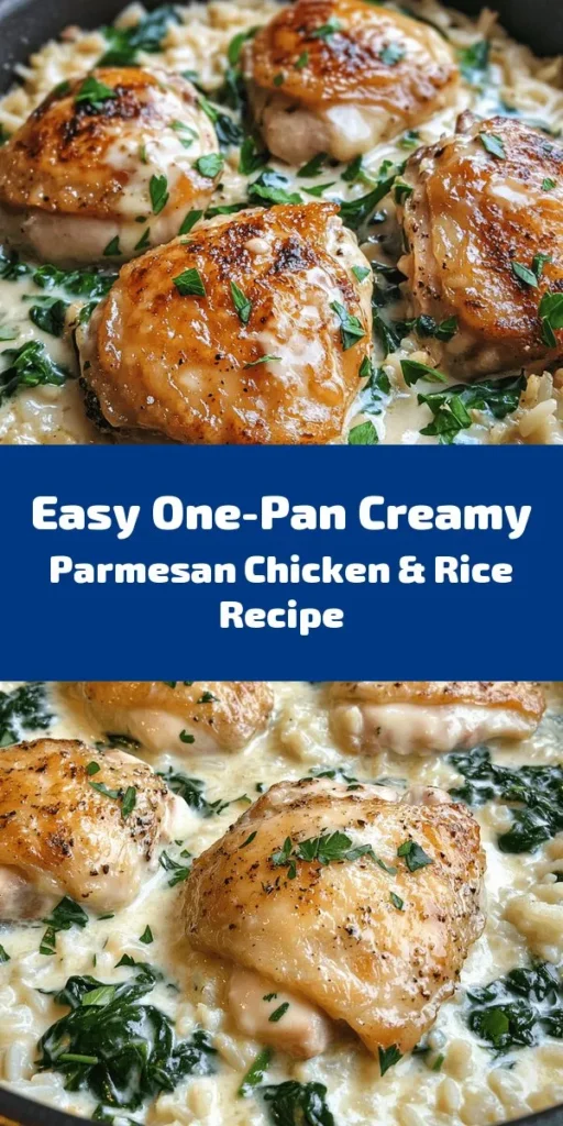 Discover the ultimate comfort food with this One-Pan Creamy Parmesan Chicken & Rice recipe! Tender chicken thighs simmer in a rich, velvety sauce, paired with perfectly cooked rice for a satisfying meal that’s easy to prepare. Enjoy fewer dishes and more family time with this simple, flavorful recipe that everyone will love. Perfect for busy weeknights or special gatherings! Try it out today! #easyrecipes #OnePanMeals #comfortfood #dinnerideas #familymeals #chickenrecipes #creamyparmesan