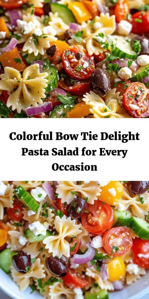 Discover the vibrant and delicious Bow Tie Delight Pasta Salad, perfect for any occasion! This refreshing dish combines colorful vegetables, zesty dressing, and fun bow tie pasta to create a nutritious and visually appealing meal. Perfect for summer picnics or light lunches, it's easy to customize to suit your taste. Quick to prepare, this salad is bound to be a hit with family and friends! Try it today! #PastaSalad #HealthyRecipes #SummerEats #Foodie #BowTiePasta