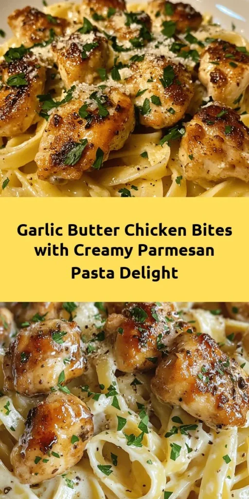 Indulge in the comforting flavors of Garlic Butter Chicken Bites with Savory Creamy Parmesan Pasta! This easy-to-make dish features tender chicken sautéed in garlic butter, paired with creamy Parmesan pasta for a delightful meal. Perfect for a weeknight dinner or special gatherings, you can customize it with seasonal veggies for added nutrition. Elevate your cooking with this tasty recipe! #GarlicButterChicken #CreamyPasta #ComfortFood #DinnerIdeas #EasyRecipes #FoodLovers #Yummy