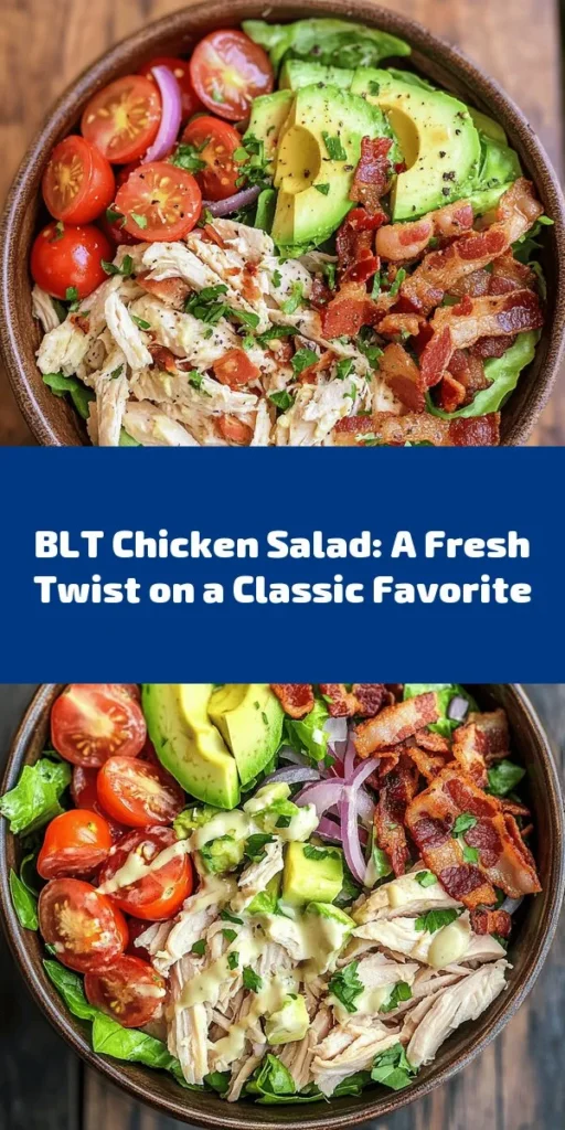 Revamp your lunch with the delicious BLT Chicken Salad Delight—a fresh and healthier twist on the classic BLT! Packed with crispy bacon, tender chicken, fresh veggies, and creamy avocado, this salad balances flavors and textures to satisfy your cravings while keeping it nutritious. Perfect for any occasion, this dish makes eating healthy enjoyable. Dive into this recipe and elevate your meal prep today! #BLTChickenSalad #HealthyEating #MealPrep #SaladRecipes #DeliciousAndNutritious