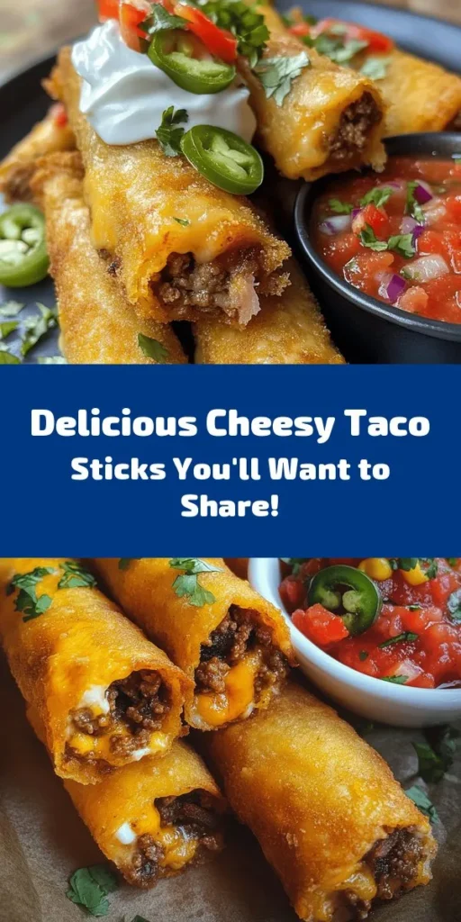 Discover the delicious fusion of flavors with Cheesy Taco Sticks! These crunchy egg roll-inspired snacks combine the savory goodness of tacos with gooey cheese, making them perfect for any gathering. Customize them to fit your tastes, bake or fry for the perfect crunch, and serve with creative dips like guacamole or queso. Get ready to impress family and friends with this irresistible dish! #CheesyTacoSticks #SnackIdeas #Foodie #TacoNight #Appetizers #PartyFood #Yum