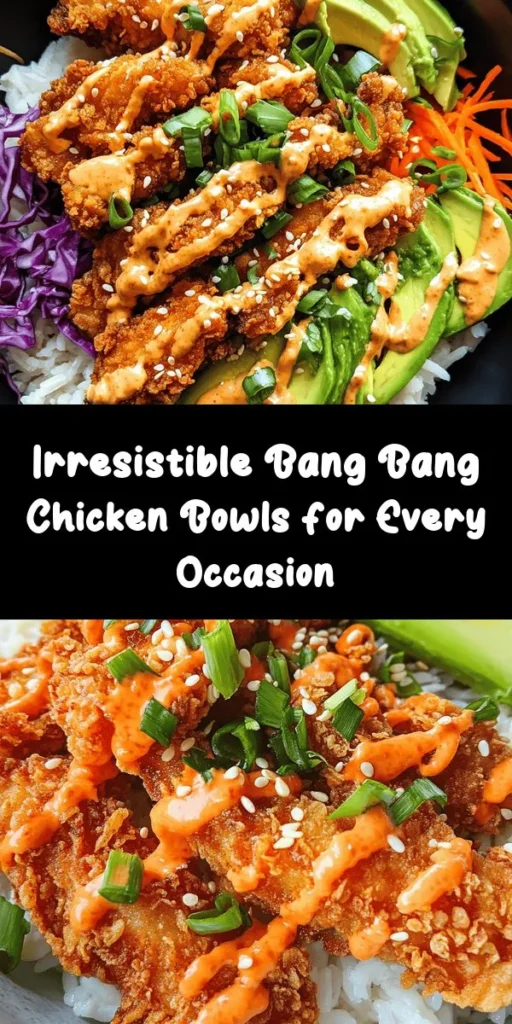 Discover the vibrant and delicious world of Bang Bang Chicken Bowls! This easy recipe features crispy chicken thighs, fresh veggies, and a creamy, spicy sauce that hits all the right notes. Perfect for any occasion, these customizable bowls invite creativity and cater to various dietary preferences. Enjoy a satisfying meal that’s as visually appealing as it is flavorful. Dive into this culinary adventure today! #BangBangChicken #Foodie #Recipe #HealthyEating #DinnerIdeas #CookingAtHome #Yummy