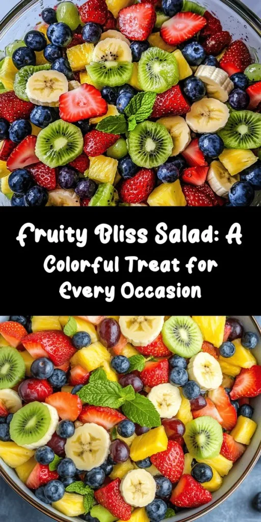 Elevate your healthy eating with the Fruity Bliss Salad, a vibrant medley of fresh fruits bursting with flavor and nutrients! Perfect for summer picnics, brunches, or as a refreshing snack, this colorful salad is not only visually appealing but also packed with vitamins and antioxidants. Discover the beauty of seasonal fruits, a simple honey-lime dressing, and endless customization options. Enjoy a delightful boost of energy with every bite! #FruityBlissSalad #HealthyEating #FruitSalad #FreshIngredients #NutritiousDelight #SummerRecipes #CleanEating