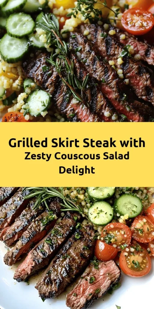 Experience the delightful flavors of grilled skirt steak paired with a refreshing lemon herb couscous salad. This dish balances the rich, savory notes of tender steak with the zesty brightness of fluffy couscous and fresh veggies. Perfect for any occasion, it's both nutritious and satisfying. Elevate your mealtime with this vibrant culinary combination. Try it today! #GrilledSkirtSteak #CouscousSalad #HealthyEating #CookingAtHome #Foodie #RecipeOfTheDay #DinnerIdeas