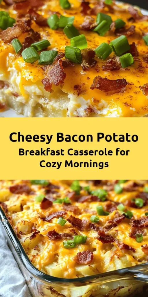 Start your mornings right with this Cheesy Bacon Potato Breakfast Casserole! Perfect for busy weekdays or leisurely weekends, this hearty dish combines crispy bacon, tender potatoes, and gooey cheese for a satisfying meal that everyone will love. Easy to customize and prepare ahead of time, it’s the ultimate breakfast solution. Enjoy great flavors and quality moments with family around the table. Try it today! #BreakfastCasserole #CheesyBacon #BrunchRecipes #ComfortFood #EasyRecipes #FamilyMeals #Foodie