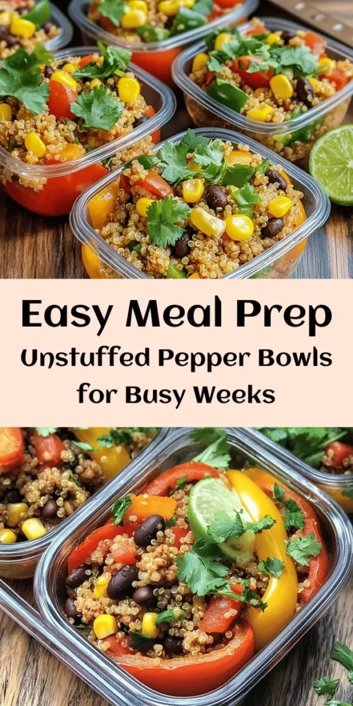 Discover the perfect solution for busy days with Meal Prep Unstuffed Pepper Bowls! This delightful recipe combines the flavors of stuffed peppers into a convenient, nutritious bowl. Easy to make and customizable for various diets, these bowls are packed with wholesome ingredients like quinoa or rice, ground turkey, and colorful bell peppers. Enjoy them throughout the week for a healthy meal without the fuss. Save time, reduce waste, and savor every bite! #MealPrep #HealthyEating #UnstuffedPeppers #MealPrepIdeas #QuickRecipes