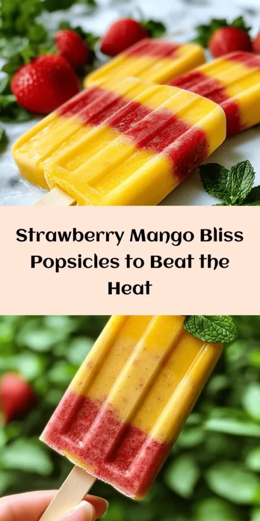 Beat the heat this summer with homemade Strawberry Mango Bliss Popsicles! These vibrant and nutritious frozen treats blend ripe strawberries, succulent mangoes, and hydrating coconut water for a refreshing experience. Packed with vitamins and antioxidants, they’re a guilt-free indulgence perfect for warm days. Easy to make and customize, these popsicles are not only delicious but also a fun way to enjoy wholesome ingredients with family and friends! #Popsicles #HealthyTreats #SummerRecipes #DIYFrozenTreats #FruitPopsicles