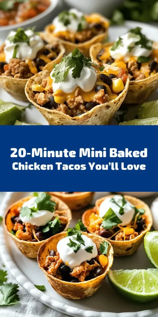Whip up delicious Mini Baked Chicken Tacos in just 20 minutes! This quick recipe combines lean ground chicken, black beans, corn, and cheese, making it a nutritious twist on a classic favorite. Perfect for busy weeknights or gatherings, these customizable mini tacos are fun to prepare and even more enjoyable to share. Elevate your taco night with fresh toppings and sides. Try them today! #TacoNight #EasyRecipes #20MinuteMeals #BakedTacos #HealthyEats