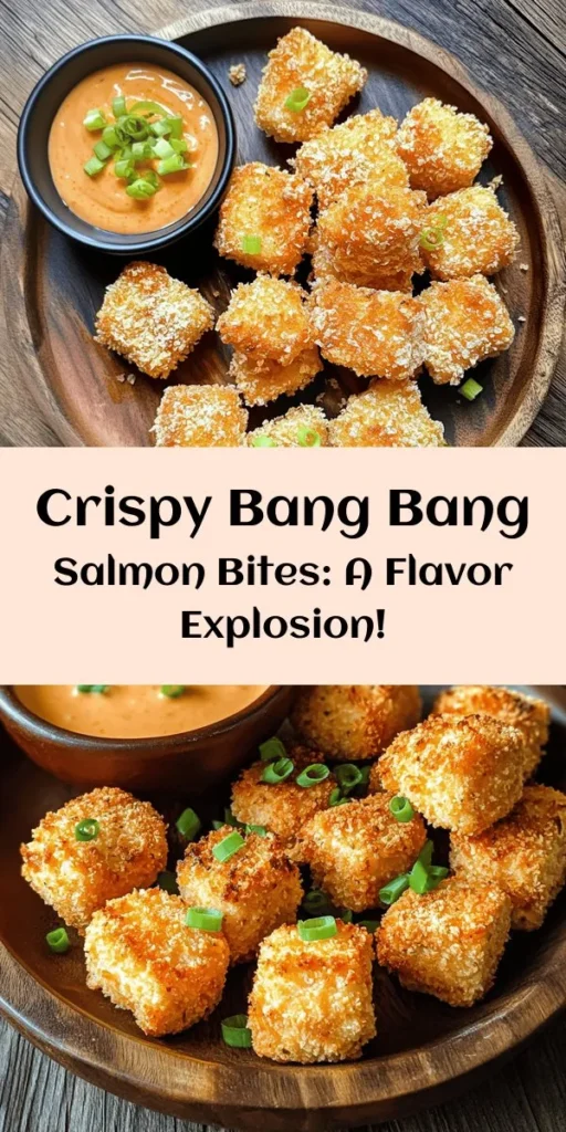 Craving a delicious seafood treat? Try Crispy Bang Bang Salmon Bites! These bite-sized delights feature tender salmon coated in crunchy panko and paired with a creamy, spicy Bang Bang sauce for an irresistible flavor explosion. Perfect as an appetizer or main dish, they're sure to impress at any gathering. Enjoy the health benefits of salmon with this fun twist! Dive into the recipe today! #Seafood #SalmonBites #BangBangSauce #CrispyDelight #HealthyEating #Appetizers #Foodie
