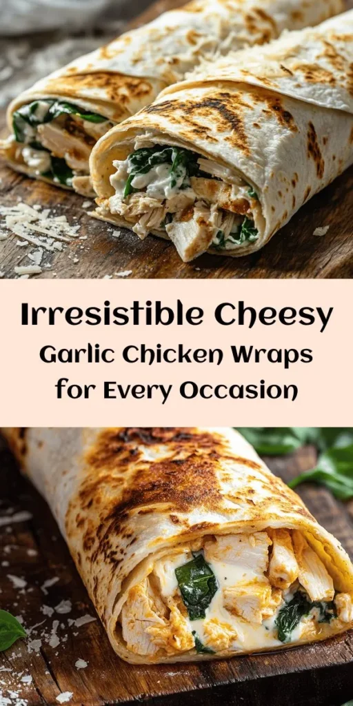 Indulge in the deliciousness of Cheesy Garlic Chicken Wraps! This easy recipe combines tender chicken, gooey cheese, and aromatic garlic all wrapped in a warm tortilla, making it perfect for any meal or gathering. Quick to prepare, within 30 minutes, they are ideal for busy lifestyles. Customize your wraps with different cheeses or add veggies for extra flavor. Serve with dips for an unforgettable experience! #CheesyWraps #EasyRecipes #DinnerIdeas #GarlicLovers #MealPrep #ComfortFood