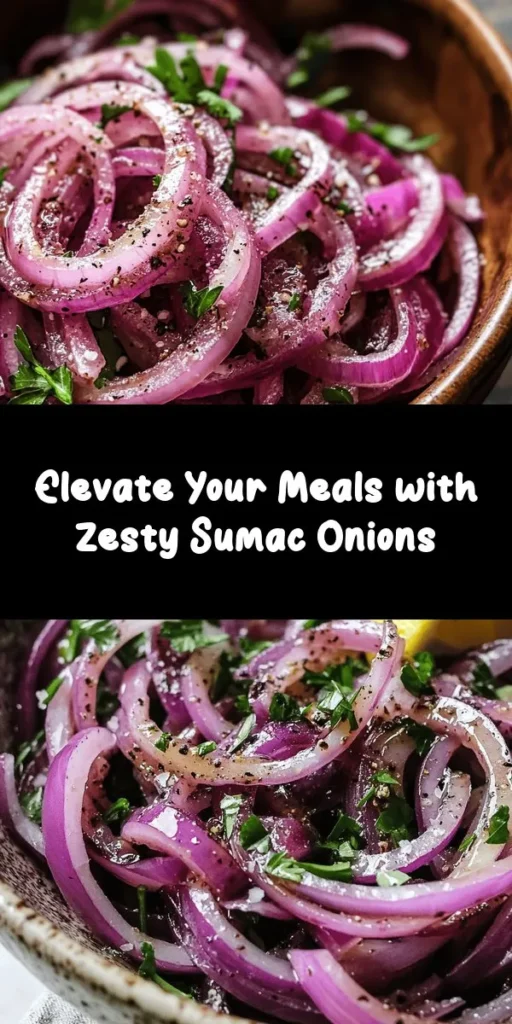 Discover the vibrant flavors of zesty sumac onions, a perfect blend of tangy sumac and sweet red onions. This versatile recipe enhances grilled meats, salads, and more, adding a refreshing twist to any meal. Learn about the benefits of sumac and red onions, and get a step-by-step guide to create this delicious dish that not only elevates your cooking but also delights your taste buds. Explore this flavorful journey today! #SumacOnions #HealthyEating #MediterraneanCooking #FlavorfulRecipes #HomeCooking #Foodie