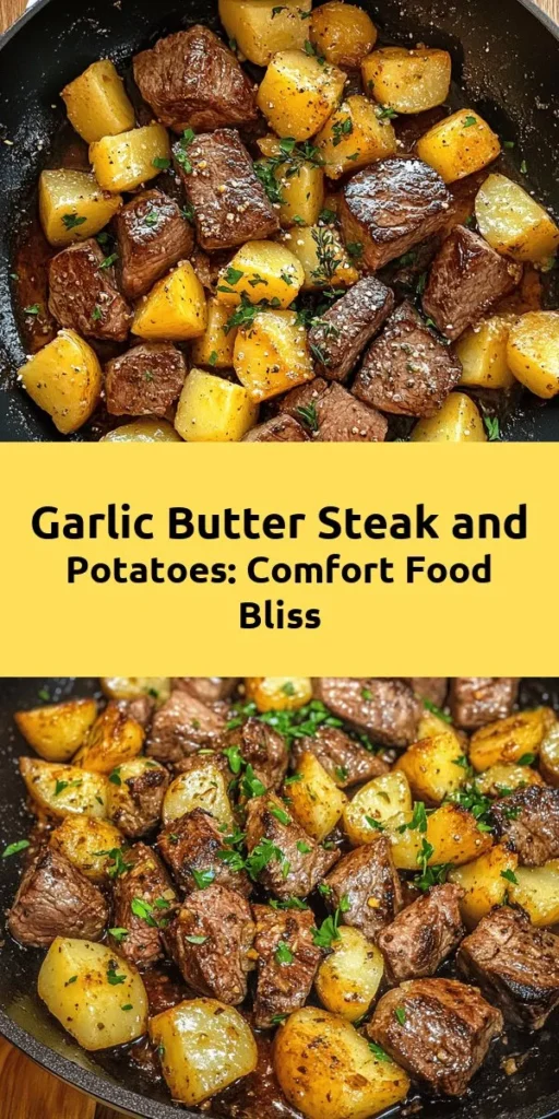 Indulge in the ultimate comfort food with this Sizzling Garlic Butter Steak and Potatoes Skillet recipe! Juicy sirloin steak seared to perfection, paired with crispy, golden-brown potatoes and infused with rich garlic butter—this dish is as satisfying as it is delicious. Perfect for busy weeknights or special gatherings, it's simple to prepare and sure to impress. Elevate your dinner with this hearty one-pan meal! #SteakAndPotatoes #ComfortFood #GarlicButter #OnePanWonder #EasyRecipes #DinnerIdeas #Foodie #HomeCooking