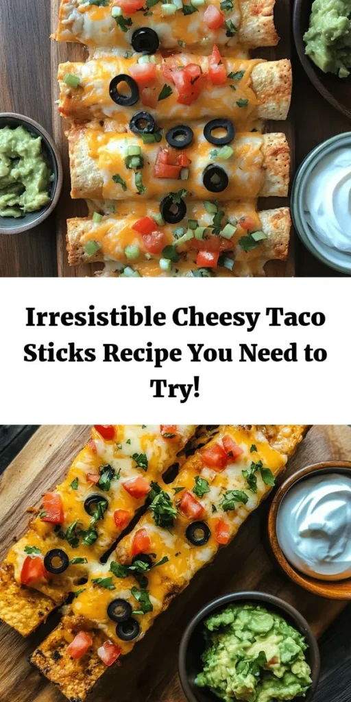 Looking for the perfect blend of flavor and fun? Try these Cheesy Taco Sticks! This easy recipe combines savory meat, gooey cheese, and zesty spices all wrapped in crispy pizza dough, making for an irresistible snack or meal. Perfect for game nights or cozy dinners, they are fully customizable to fit any taste. Serve them with your favorite dips for a delicious twist! #CheesyTacoSticks #TacoRecipe #SnackIdeas #Foodie #Yummy #EasyRecipes #ComfortFood #GameNightFood