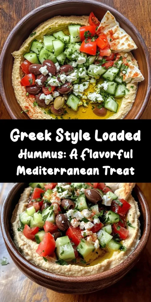 Indulge in the vibrant flavors of Greek Style Loaded Hummus, a creamy Mediterranean delight that’s perfect for any occasion! This delicious and nutritious dip features a base of chickpeas topped with tangy feta, briny Kalamata olives, fresh veggies, and a drizzle of olive oil. Ideal for appetizers, snacks, or light meals, it’s easy to make and sure to impress. Experience the joy of Mediterranean cooking with this healthy recipe! #hummus #Mediterranean #healthyeating #homemade #appetizers #snacks #GreekCuisine