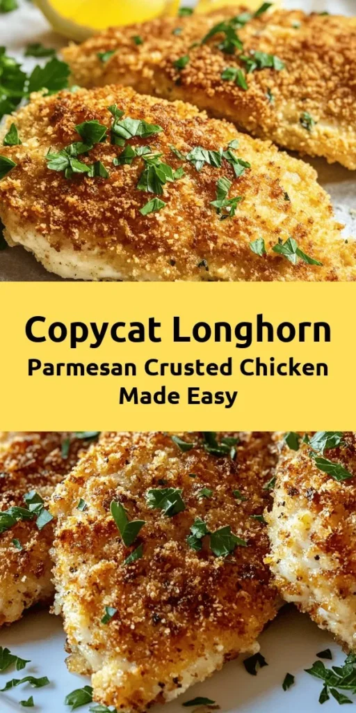 Try this easy copycat recipe for Longhorn's Parmesan Crusted Chicken to bring restaurant-quality flavors to your kitchen! This dish features juicy chicken breasts coated in a crispy mixture of Parmesan cheese and Panko breadcrumbs, perfect for any occasion. Impress your family and friends with this harmonious blend of savory goodness. Enjoy it with fresh salads or roasted veggies for a delightful meal. #CookingAtHome #ChickenRecipes #ComfortFood #EasyRecipes #DinnerInspiration