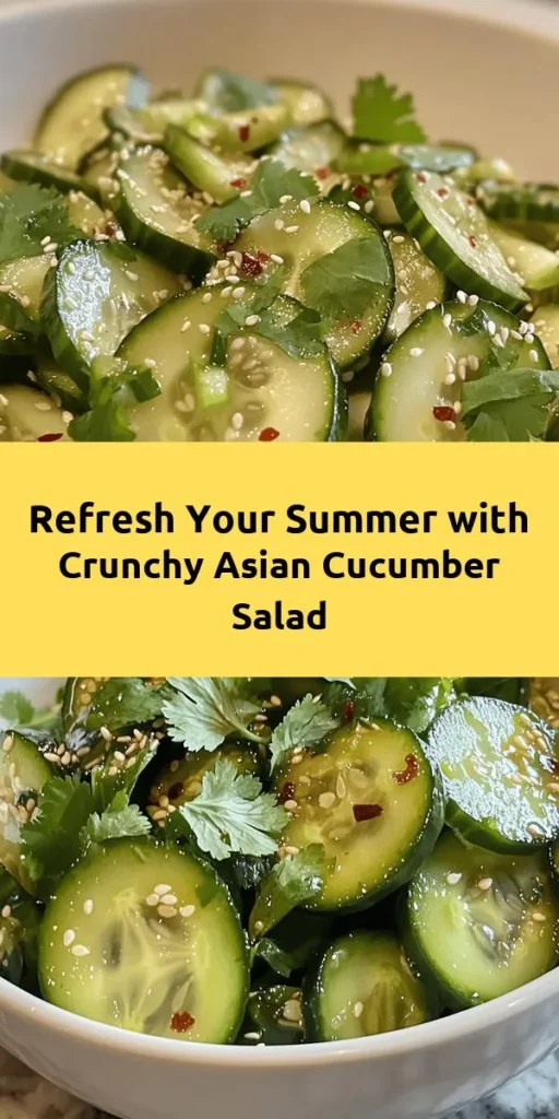 Discover the perfect summer dish with this Crunchy Asian Cucumber Salad! Bursting with vibrant flavors and textures, this simple yet delicious salad is great as a light meal or a refreshing side. Featuring fresh cucumbers, zesty rice vinegar, and a touch of sesame oil, it's not just tasty but also packed with health benefits. Quick to prepare and versatile enough for any occasion, you’ll want to make this salad a staple in your kitchen! #CucumberSalad #HealthyRecipes #AsianCuisine #SummerSalads #FreshFlavors