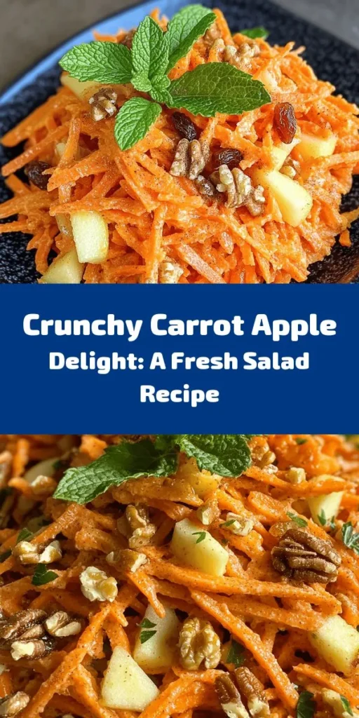 Discover the vibrant Crunchy Carrot Apple Delight salad that combines the sweet crunch of apples and carrots with creamy Greek yogurt. This refreshing dish is not only visually appealing but also packed with essential nutrients. Perfect as a side dish, light lunch, or meal prep addition, it's versatile and easy to make. Elevate your meals with this tasty and healthy salad! #HealthyEating #SaladRecipes #Nutrition #CarrotAppleSalad #MealPrepIdeas #FreshFlavors #FoodieFun