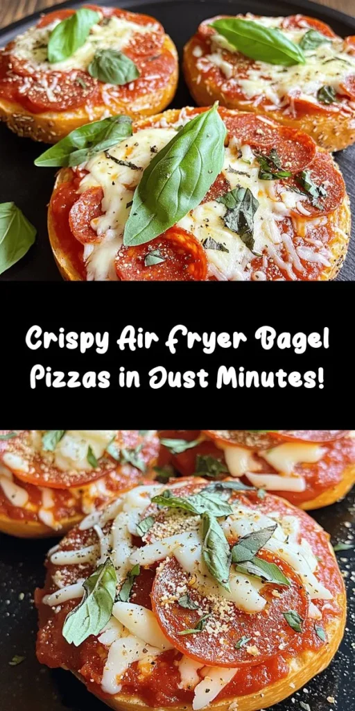 Try making delicious air fryer bagel pizzas for an easy and customizable meal that's perfect for any time of day! With a crispy bagel base, a variety of toppings, and minimal oil, you can enjoy a healthier twist on pizza. Just toast the bagels, add your favorite sauce and toppings, then air fry to perfection! Quick to prepare and fun to create, they’re sure to please everyone at your table. Get inspired and start cooking! #BagelPizzas #AirFryerRecipes #QuickMeals #HealthyEating #PizzaLovers #MealPrepIdeas