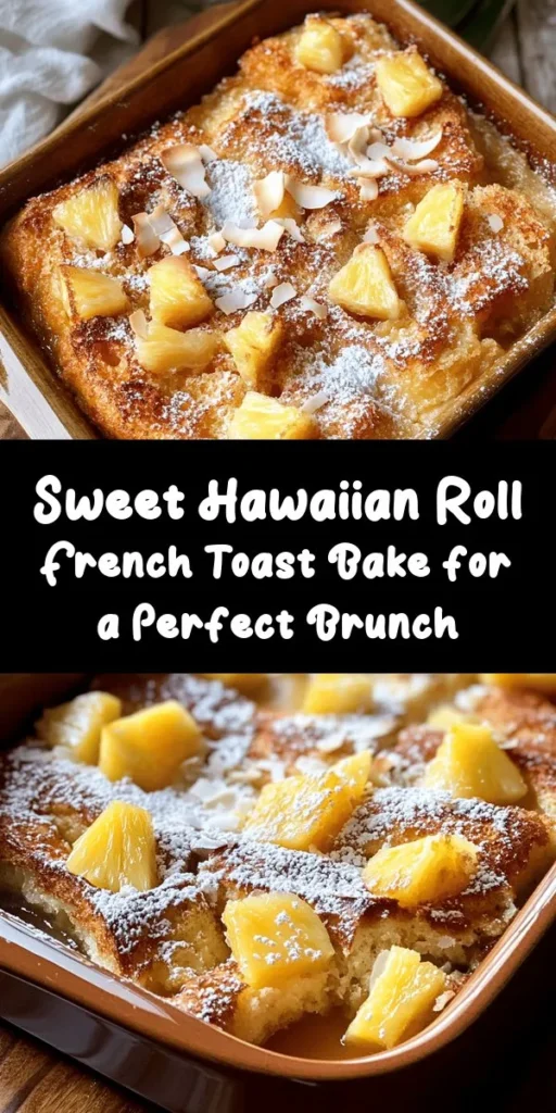 Savor the deliciousness of Sweet Hawaiian Roll French Toast Bake, the ultimate brunch treat! This easy-to-make dish features soft Hawaiian rolls soaked in a creamy custard, resulting in a fluffy and sweet delight perfect for gatherings or cozy weekends. Customize it with tropical ingredients like pineapple and coconut for added flavor. Get ready to impress your family and friends with this crowd-pleaser! #FrenchToastBake #BrunchRecipes #HawaiianFlavor #BreakfastDelight #EasyCooking #SweetTreats