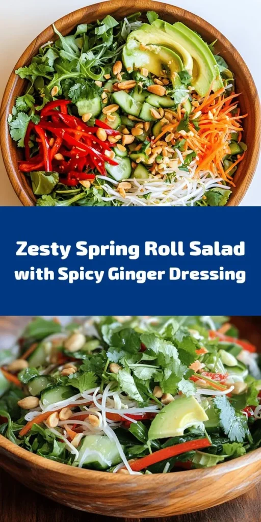 Refresh your meals with this vibrant Fresh & Zesty Spring Roll Salad, featuring fresh veggies and a spicy ginger dressing that packs a flavorful punch! Ideal for embracing seasonal produce, this salad blends mixed greens, colorful bell peppers, creamy avocado, and crunchy bean sprouts. Drizzled with zesty dressing, it’s a wholesome and satisfying dish. Perfect as a main or side! Try it today! #SpringRollSalad #HealthyEating #FreshRecipes #SaladLovers #GingerDressing #SeasonalEating