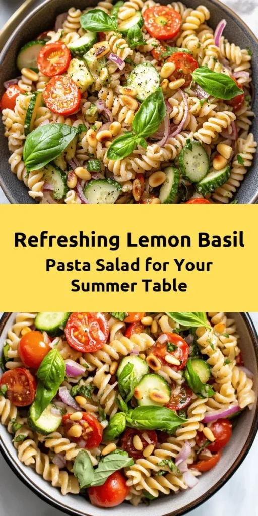 Bring a burst of summer flavors to your table with this refreshing Lemon Basil Pasta Salad! Combining whole grain pasta, juicy cherry tomatoes, crisp cucumbers, and aromatic basil, this dish is perfect for backyard barbecues, beach picnics, or healthy meal prep. Easy to make and packed with nutrients, it will energize your taste buds. Enjoy it chilled for the best flavors! #PastaSalad #SummerRecipes #HealthyEating #LemonBasil #MealPrep #FreshSalads #RecipeInspo