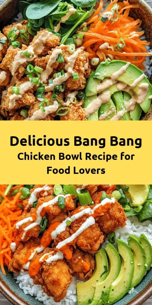Discover the vibrant flavors of the Bang Bang Chicken Bowl with this easy recipe! This dish features crispy chicken, fresh veggies, and a creamy, spicy sauce over fluffy jasmine rice, making it a satisfying and nutritious meal. Perfect for family bonding, customize the ingredients to reflect your tastes and enjoy the excitement of homemade dining. Dive into this culinary journey and impress everyone with your cooking skills! #BangBangChickenBowl #HomeCooking #Foodie #DeliciousRecipe #HealthyMeals