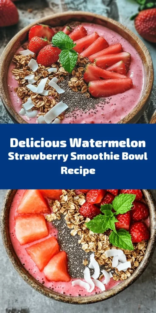 Indulge in a refreshing Watermelon and Strawberry Smoothie Bowl that’s not only delicious but also packed with nutrients! This vibrant breakfast is perfect for hot days and can easily be customized with your favorite toppings. Enjoy the hydrating benefits of watermelon and the antioxidant power of strawberries. It's quick to prepare and perfect for breakfast or a midday snack. Dive in and get creative! #SmoothieBowl #HealthyRecipe #Watermelon #Strawberries #BreakfastIdeas #HealthyEating #Nutrition
