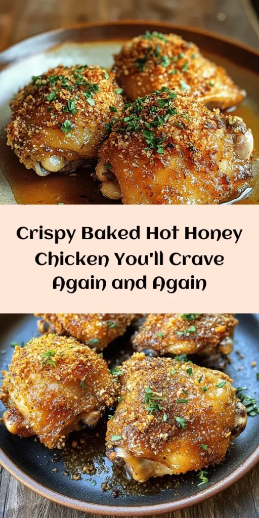 Discover the irresistible flavors of Baked Crunchy Hot Honey Chicken! This recipe combines juicy chicken thighs with a crunchy coating and a sweet-spicy honey glaze, creating a dish that's perfect for any occasion. Elevate your dinner with this easy-to-make recipe that promises crispy textures and a unique flavor profile. Ideal for weeknight meals or gatherings, this chicken will have your family coming back for seconds. #HotHoneyChicken #BakedChicken #ChickenRecipes #Foodie #DinnerIdeas