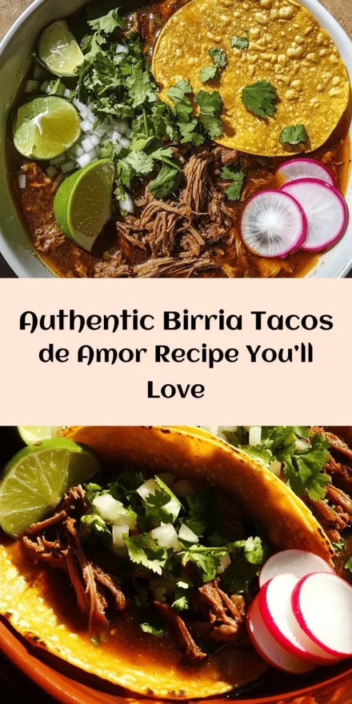 Discover the rich flavors of Birria Tacos de Amor, a celebration of Mexican culture and tradition. This mouthwatering recipe features tender meat cooked in a savory sauce made from dried chilies and spices, enveloped in crispy corn tortillas. Served with fresh garnishes and a warm broth for dipping, these tacos are perfect for any gathering. Explore the authentic steps to create this beloved dish that brings loved ones together. #BirriaTacos #MexicanCuisine #ComfortFood #RecipeIdeas #Foodie