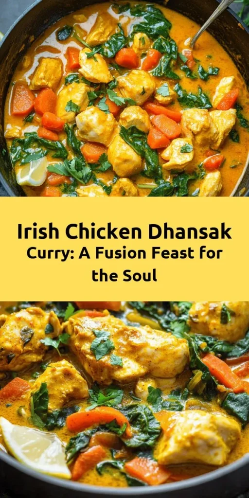 Discover the heartwarming flavors of the Hearty Irish Chicken Dhansak Curry, a delightful fusion of Irish comfort and Indian spice. This nutritious dish combines tender chicken thighs, vibrant vegetables, and aromatic spices like turmeric and cumin, creating a bowl of warmth for any occasion. Perfect for family dinners or cozy nights in, this recipe welcomes you to explore a world of flavor! #ChickenDhansak #FusionCuisine #IrishCooking #HealthyRecipes #ComfortFood