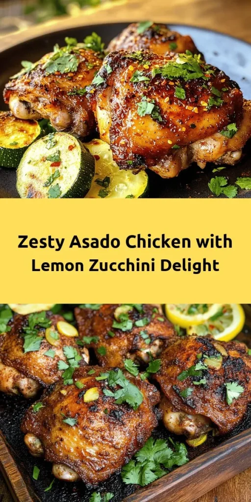 Elevate your dinner with this delicious Sizzling Asado Chicken paired with Zesty Lemon Zucchini! With marinated chicken thighs full of robust flavors and a refreshing zucchini side, this dish is perfect for any occasion. Simple to prepare and packed with nutrition, you'll impress family and friends alike. Try it tonight for a zesty twist on your meal! #AsadoChicken #DinnerIdeas #HealthyEating #ZucchiniRecipes #HomeCooking #FlavorfulMeals #MealPrep