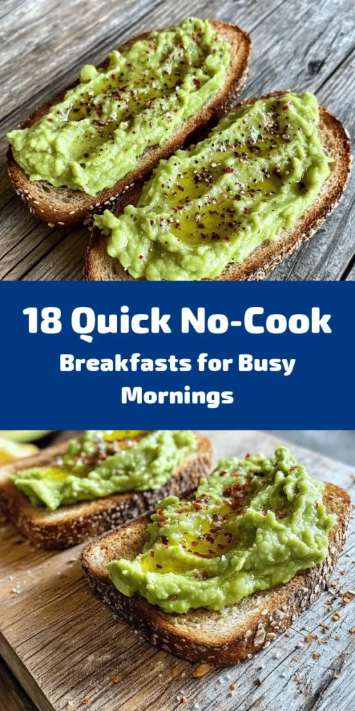 Start your day right with these 18 delectable no-cook breakfast recipes that are quick, nutritious, and effortlessly delicious. From the iconic avocado toast topped with fresh veggies to yogurt parfaits brimming with fruits and granola, there's something for everyone. Perfect for busy mornings, these meals save time while promoting healthy eating habits. Discover the joy of creative, hassle-free breakfasts! #NoCookBreakfast #HealthyEating #BreakfastIdeas #AvocadoToast #YogurtParfait #EasyRecipes #FoodInspiration