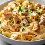 Garlic Parmesan Chicken Fettuccine Delight is a rich and creamy dish that beautifully marries tender chicken with the delightful flavors of garlic and Parmesan cheese. This comforting pasta dish highlights the creamy texture of heavy cream, enhanced by the aromatic essence of sautéed garlic and a sprinkle of Italian herbs. It's a dish that appeals to a range of palates, making it a perfect dinner option for families, casual gatherings, or even date nights.