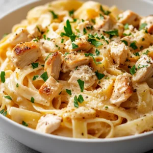 Garlic Parmesan Chicken Fettuccine Delight is a rich and creamy dish that beautifully marries tender chicken with the delightful flavors of garlic and Parmesan cheese. This comforting pasta dish highlights the creamy texture of heavy cream, enhanced by the aromatic essence of sautéed garlic and a sprinkle of Italian herbs. It's a dish that appeals to a range of palates, making it a perfect dinner option for families, casual gatherings, or even date nights.