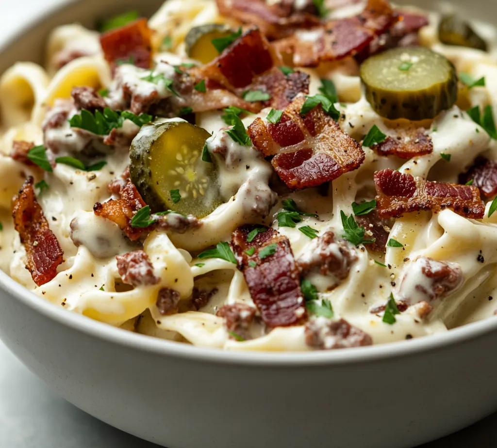 The Loaded Bacon Cheeseburger Alfredo Pasta is a luxurious twist on traditional comfort food, combining the rich flavors of cheeseburgers with creamy Alfredo pasta. This dish delights the senses with every creamy, cheesy bite, making it a perfect choice for family dinners or a cozy night in. Imagine the savory notes of ground beef mixed with the indulgent flavors of crispy bacon and rich cheeses, all encapsulated in a velvety sauce that clings to every strand of fettuccine. It’s not just a plate of pasta; it’s a meal designed to satisfy cravings and bring warmth to the table.