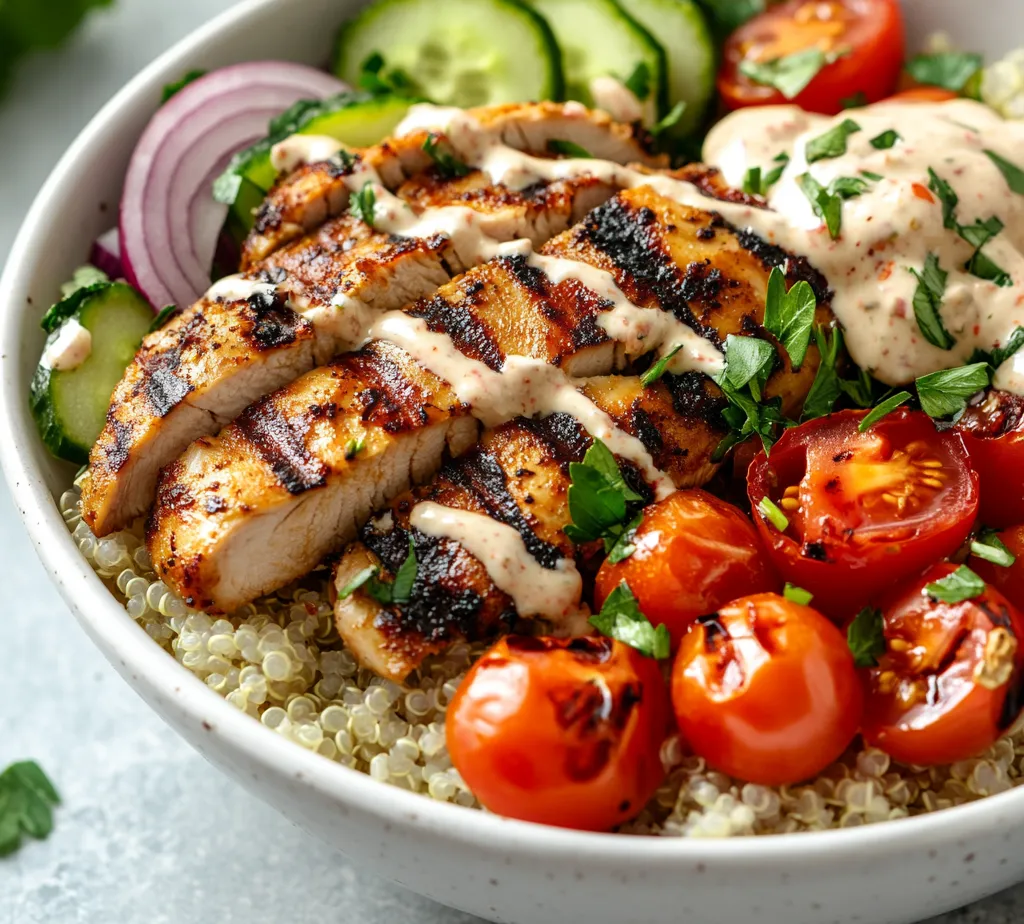 Exploring the nuances of flavor and nutrition, this Chicken Shawarma Bowl is the perfect revitalizing lunch option for anyone looking to combine health and taste into a single dish. Bursting with spices, vibrant vegetables, and a creamy tahini sauce, it's an ideal meal for various dietary needs and preferences. The combination of marinated chicken, nutrient-dense quinoa, and fresh, crunchy vegetables provides a satisfying balance of flavors and textures, making it not only fulfilling but also visually appealing.